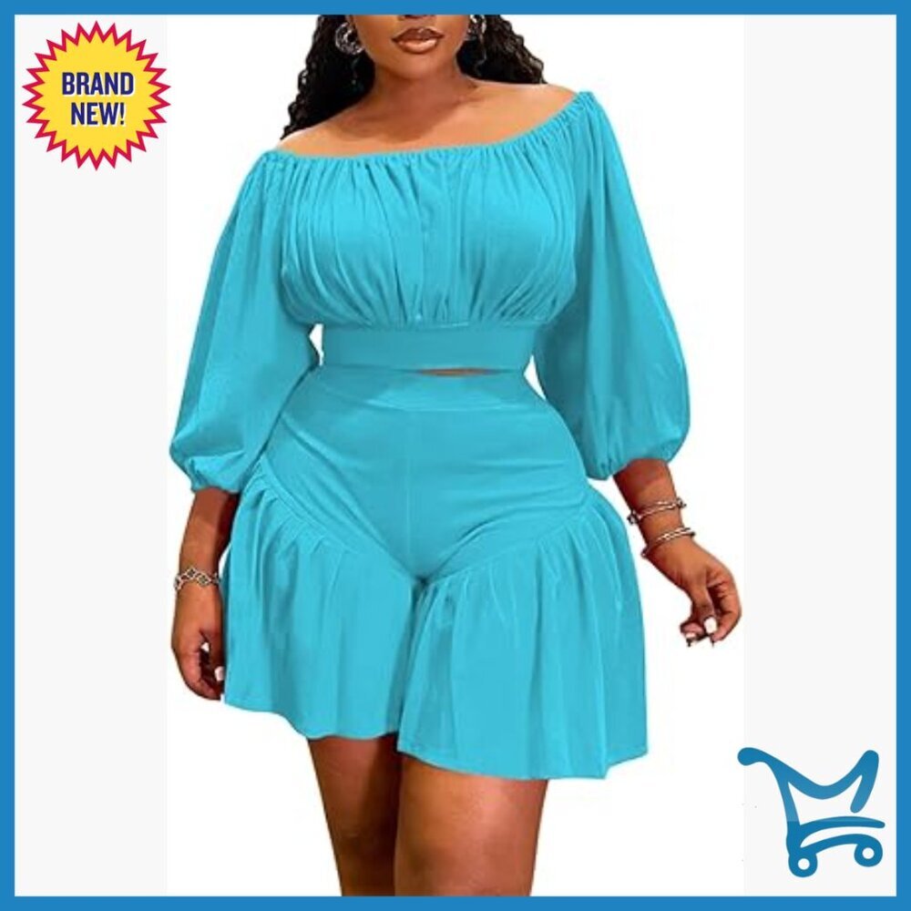 Plus Size Off Shoulder Crop Top Ruffle Shorts Set Stretchy Polyester 2 Piece